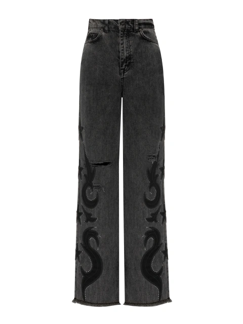 Расклешенные темно-серые джинсы с отделкой из кожи, 1