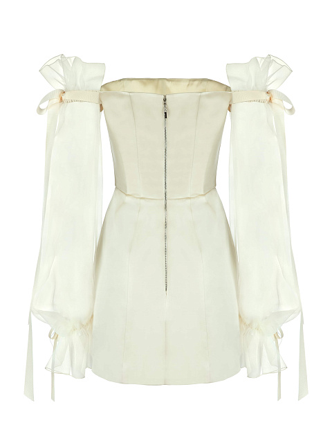 Молочное платье-мини с объемными рукавами из органзы, 2