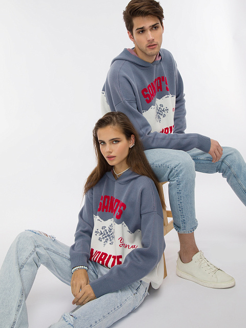 Мужской серо-белый свитер с капюшоном Santa's Favorite, 5 Мужской серо-белый свитер с капюшоном Santa's Favorite, 5