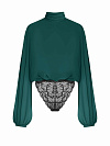 Блуза-боди из темно-зеленого шифона, воротник стойка, трусы из черного кружева