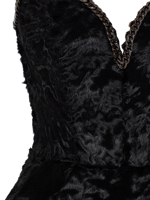 Черное платье-мини из овчины с цепью, 4