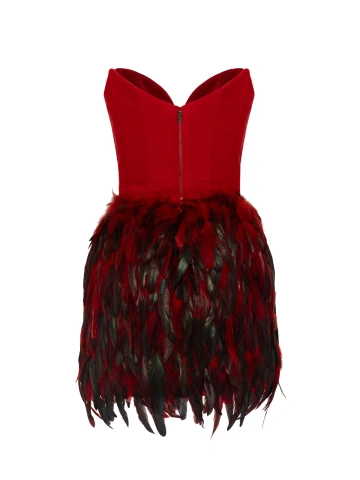 Красное платье-мини из бархата с перьями, 2