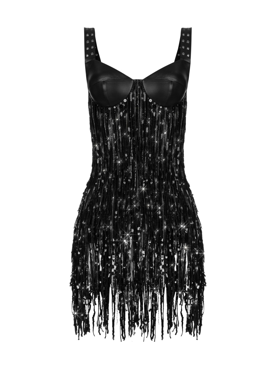 Черное кожаное платье-мини с бахромой из пайеток, 1