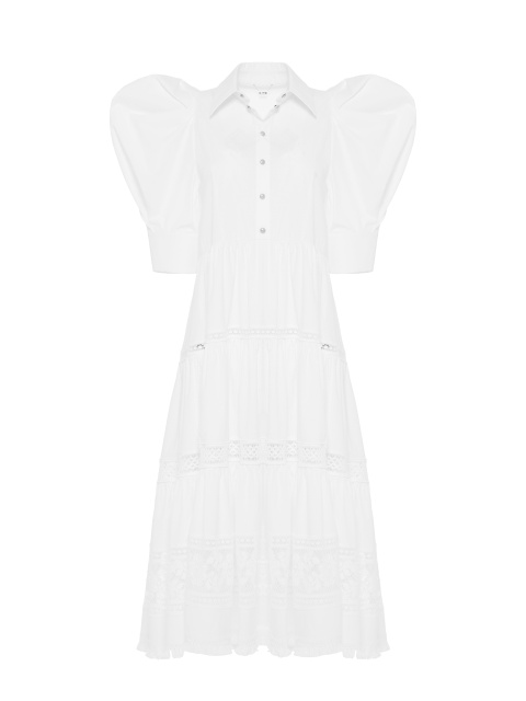 Белое платье-миди из хлопка с рукавами-фонариками и кружевом, 1
