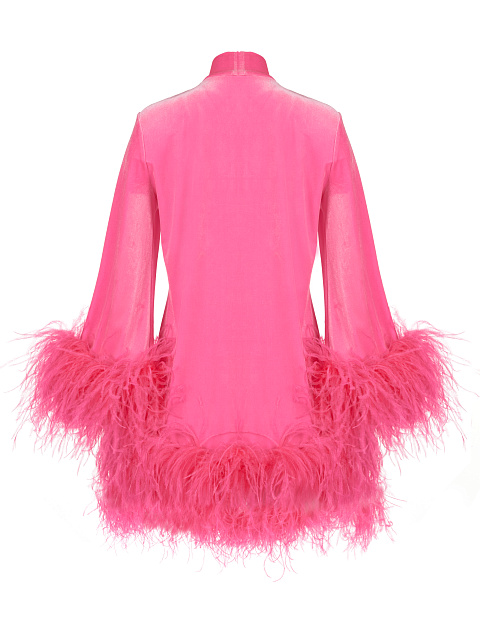 Ярко-розовое бархатное платье-мини с перьями, 2