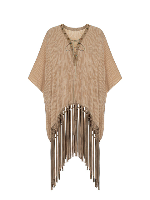 Бежевое пончо с бахромой из замши, 1 Бежевое пончо с бахромой из замши, 1