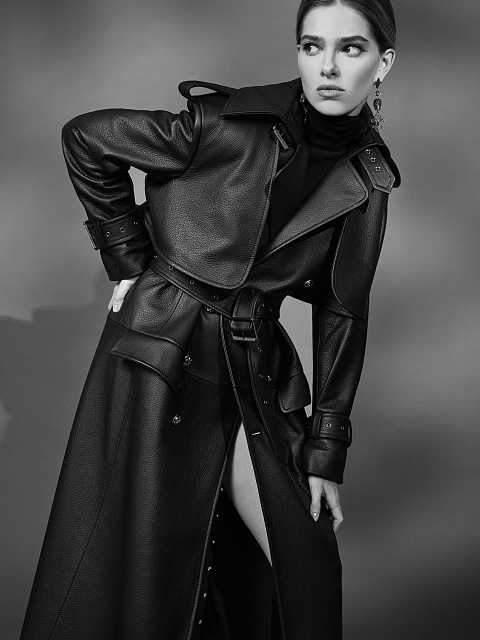 Черный кожаный двубортный тренч, 6 Черный кожаный двубортный тренч, 6