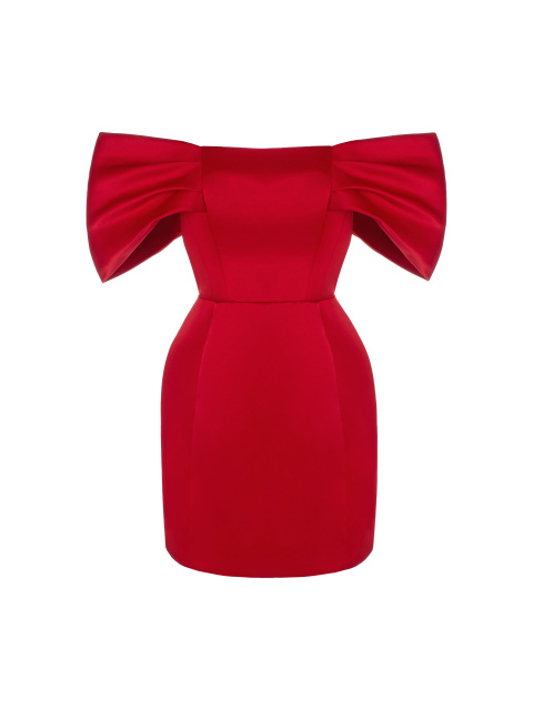 Красное атласное платье-мини с открытыми плечами, 1
