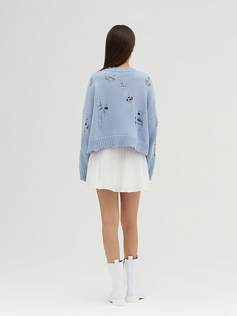 Голубой укороченный свитер из хлопка с дырками, 7