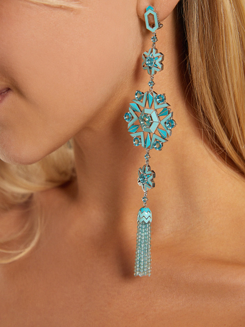 Длинные серьги из серебра с бирюзовой эмалью и апатитами, 2 Длинные серьги из серебра с бирюзовой эмалью и апатитами, 2