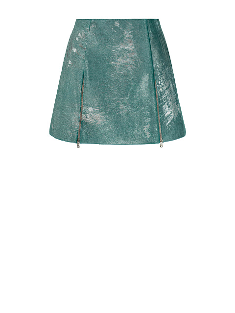 Бирюзовый кожаный комплект из укороченного жакета и юбки-мини, 3