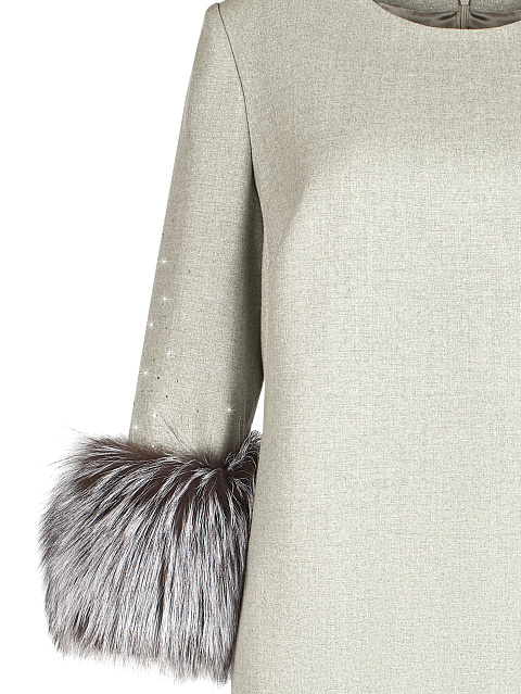 Серое платье-миди с люрексом и мехом лисы, 3