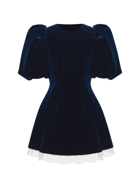 Синее платье-мини из бархата с кружевом, 1