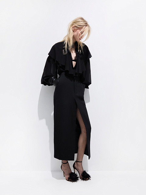 Черная блуза из шифона с рюшами и лентой, 3