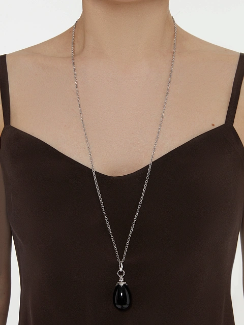 Колье из серебра с кулоном из обсидиана и фианитами, 2