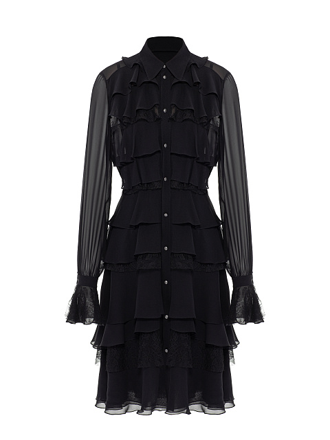 Черное платье-миди из шифона с кружевом и воланами, 1