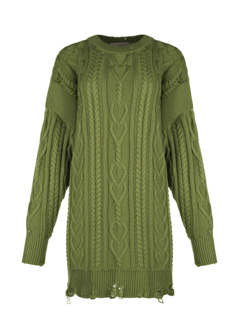 Темно-зеленое вязаное платье-свитер с косами, 1