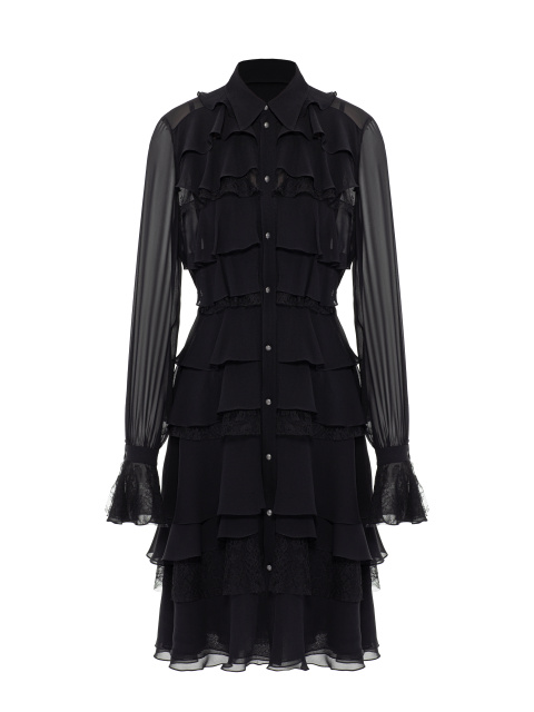 Черное платье-миди из шифона с кружевом и воланами, 1