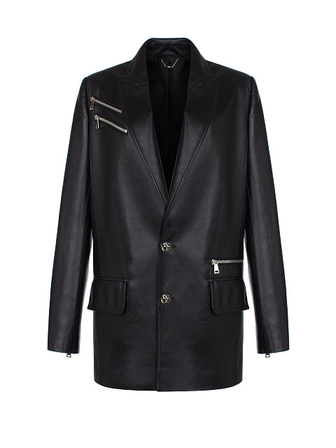 Черный однобортный жакет из натуральной кожи, 1 Черный однобортный жакет из натуральной кожи, 1