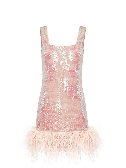 Розовое бархатное платье-мини в пайетках с боа, 1