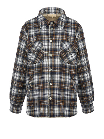 Темно-коричневая рубашка в клетку с подкладкой из светлого искусственного меха, 1