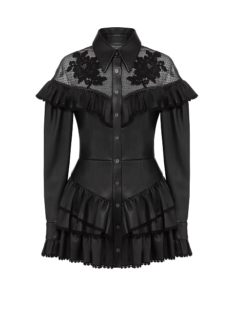Черное платье-мини из кожи и кружева, 1 Черное платье-мини из кожи и кружева, 1