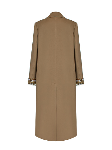 Бежевое двубортное пальто с вышивкой на рукавах, 2