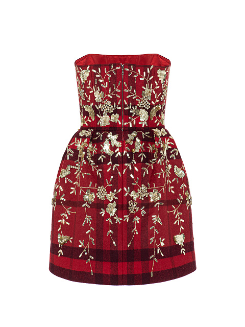 Красное платье-мини из шерсти в клетку с вышивкой, 2