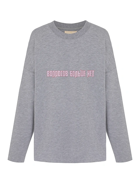 Серый хлопковый лонгслив с принтом «Вопросов больше нет», 1 Серый хлопковый лонгслив с принтом «Вопросов больше нет», 1