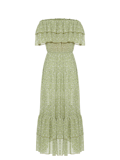 Светло-зеленое шифоновое платье-миди с открытыми плечами, 2