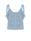 Топ голубой из хлопкового шитья с рюшами, пуговицы по планке, бретели на завязках с наконечниками