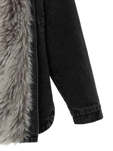 Черная джинсовая куртка с подкладом из овчины и декором на спине, 4