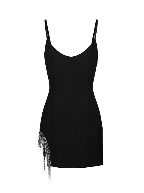Черное платье-мини на бретелях с бахромой из страз, 1