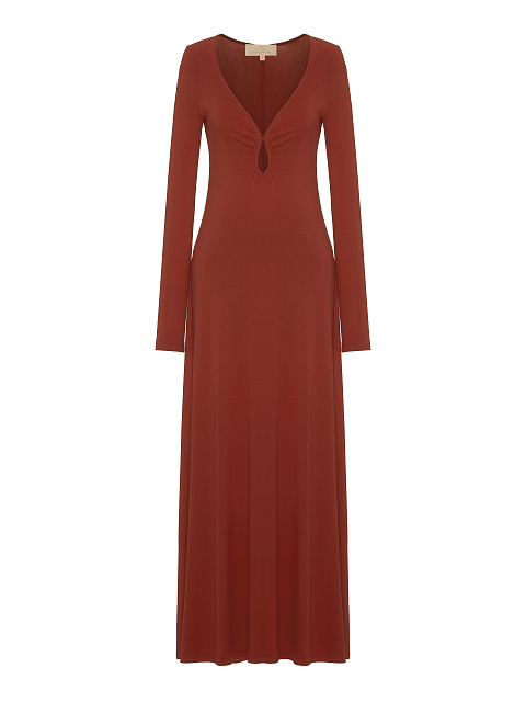 Коричневое трикотажное платье-макси с фигурным вырезом, 1 Коричневое трикотажное платье-макси с фигурным вырезом, 1