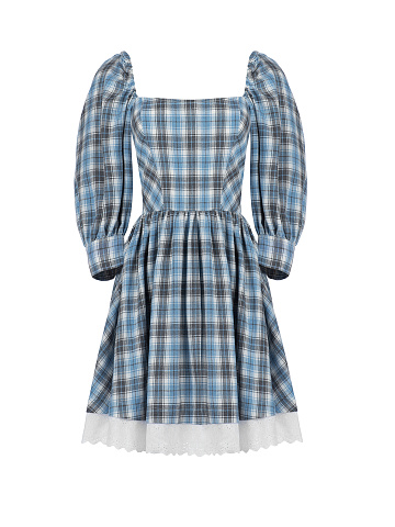 Платье в бело-голубую клетку с вырезом каре, 1