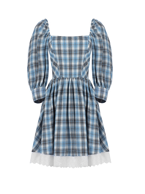 Платье в бело-голубую клетку с вырезом каре, 1 Платье в бело-голубую клетку с вырезом каре, 1