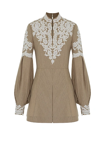 Бежевое платье-мини из льна с белым кружевом, 1