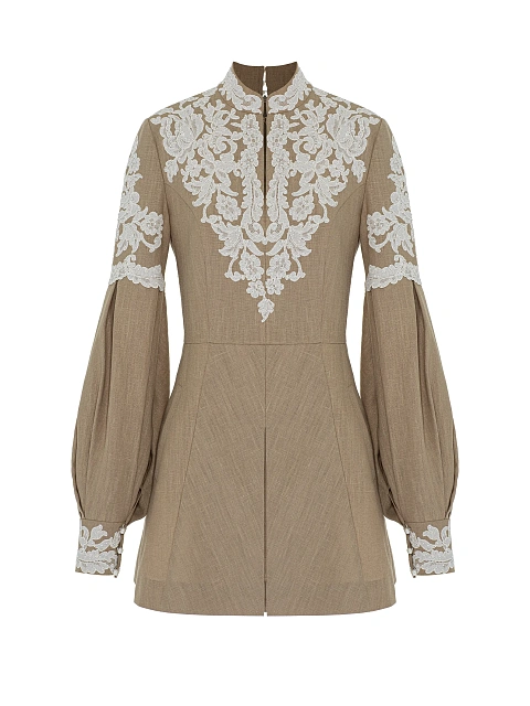 Бежевое платье-мини из льна с белым кружевом, 1