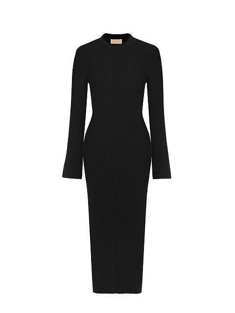 Черное вязаное платье-миди с круглым вырезом, 1