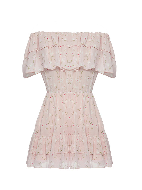 Светло-розовое шифоновое платье-мини с открытыми плечами, 1 Светло-розовое шифоновое платье-мини с открытыми плечами, 1