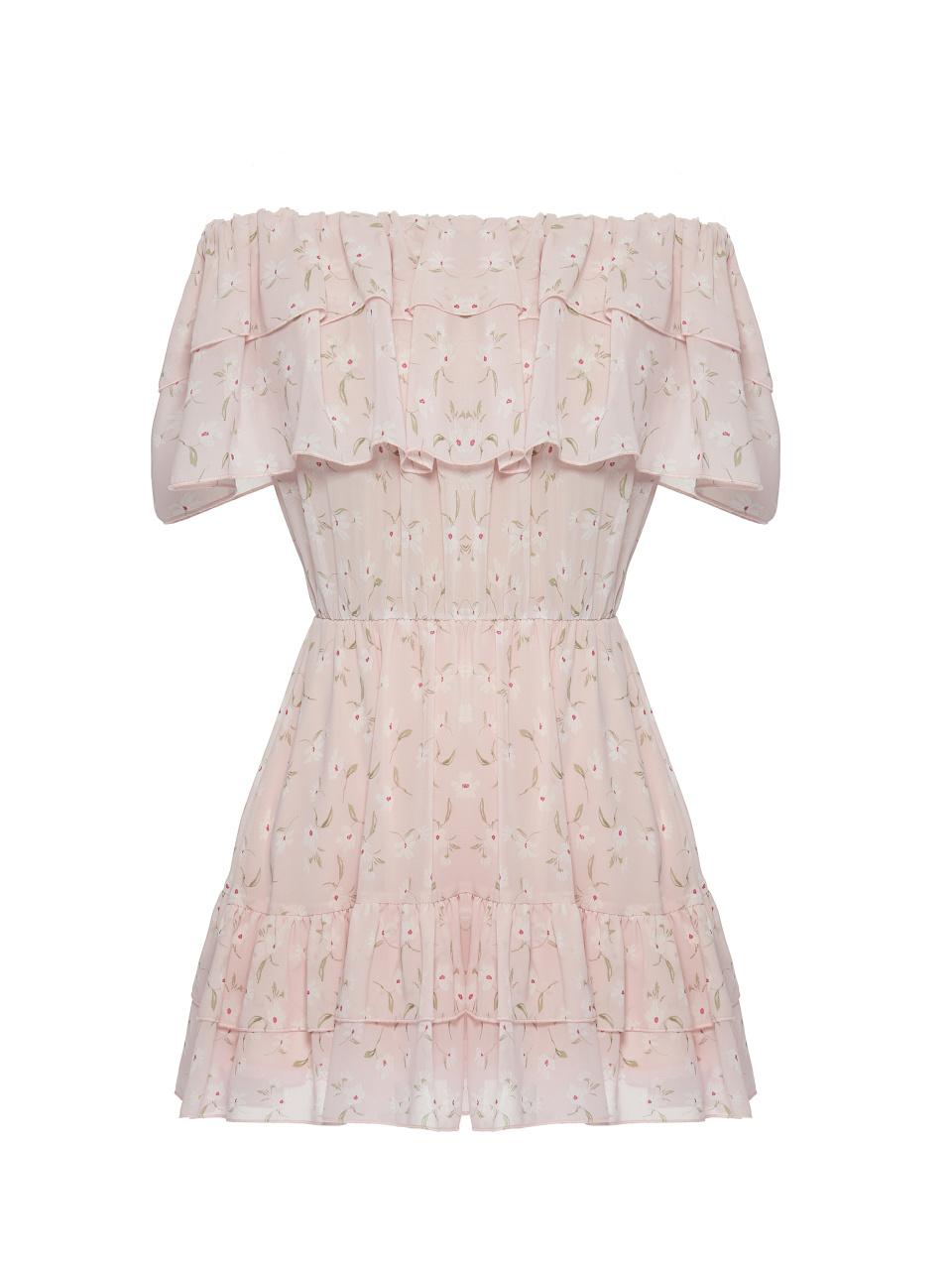 Светло-розовое шифоновое платье-мини с открытыми плечами, 1