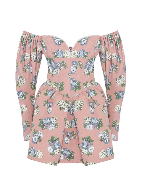 Розовое платье-мини из хлопка с цветочным принтом и открытыми плечами, 1 Розовое платье-мини из хлопка с цветочным принтом и открытыми плечами, 1