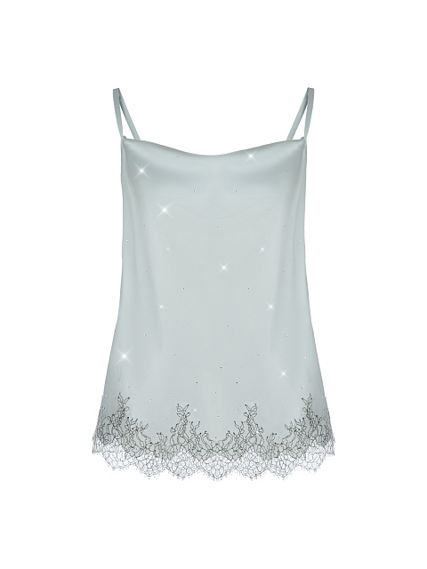 Серый шелковый топ с кружевом и стразами, 1