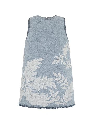 Голубое платье-мини из денима с кружевом и бахромой, 1