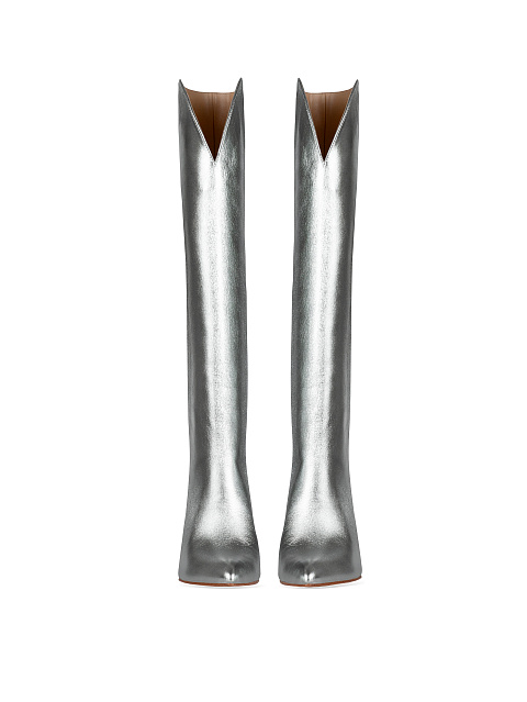 Серебряные кожаные сапоги на высоком каблуке, 2 Серебряные кожаные сапоги на высоком каблуке, 2
