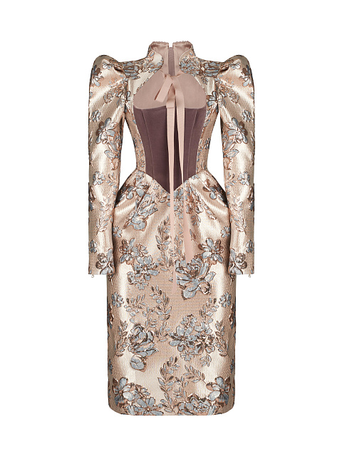 Платье-миди из бежевой парчи с золотыми цветами, 1