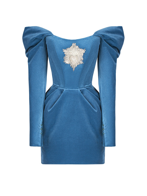 Синее бархатное платье-мини с вышивкой, 1