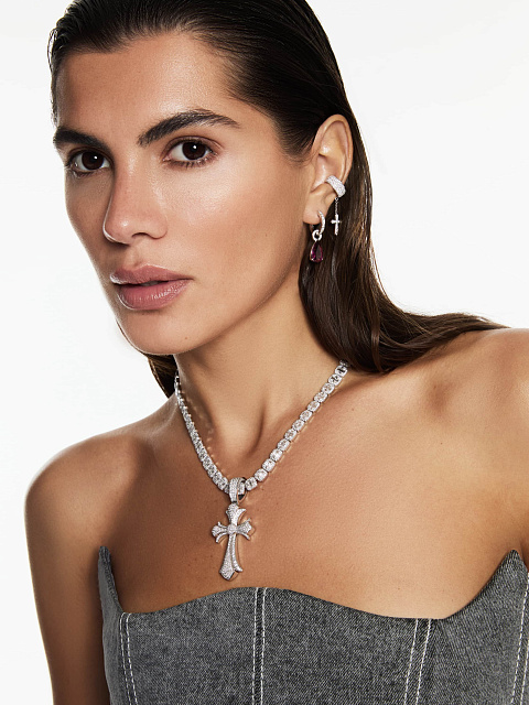 Хупсы из белого золота с родолитом в огранке «груша» и подвеской в виде креста, 2 Хупсы из белого золота с родолитом в огранке «груша» и подвеской в виде креста, 2