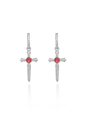 Серьги-кресты из белого золота с гранатами и бриллиантами, 1 Серьги-кресты из белого золота с гранатами и бриллиантами, 1