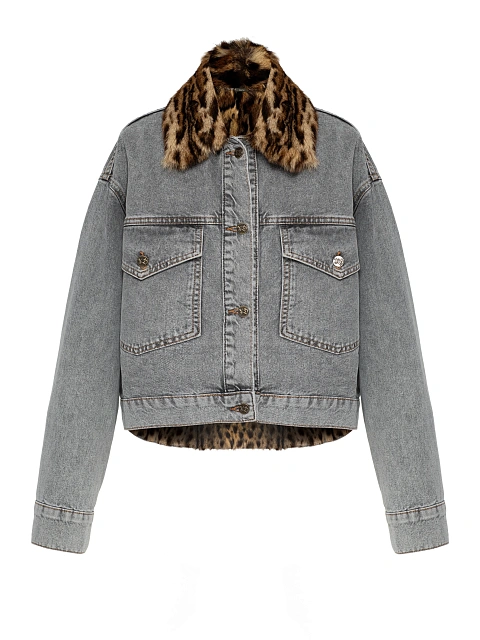 Серая укороченная джинсовая куртка с подкладом из меха дикой кошки, 1